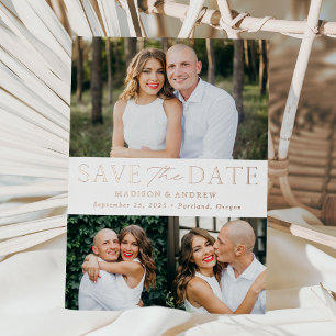 Modern Rose Gold Foil 3 Photo Save the Date