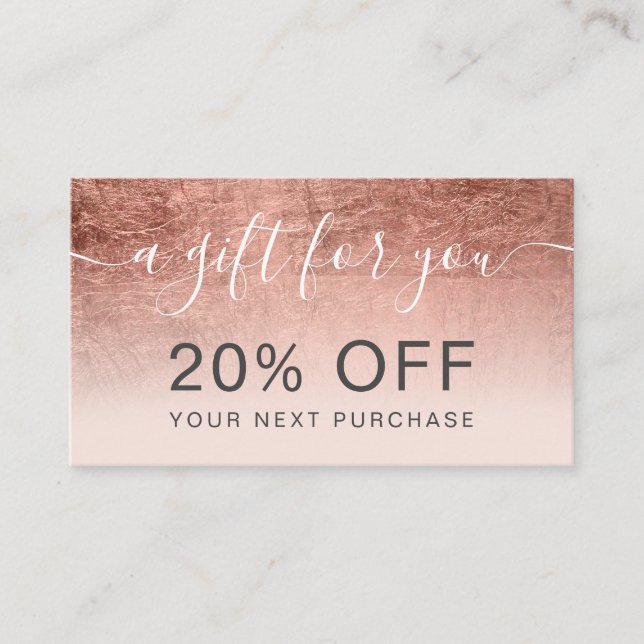 Modern rose gold foil blush ombre professional discount card (Front)