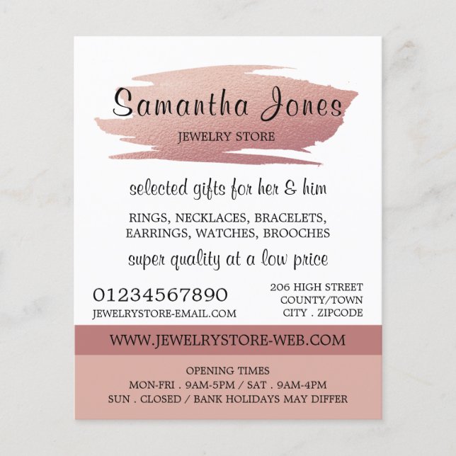 Modern Rose Gold Foil Brushstroke, Jewelry Store Flyer (Front)