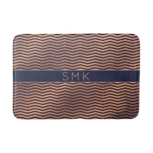 Modern Rose Gold Foil Chevron Navy Blue Monogram Bath Mat