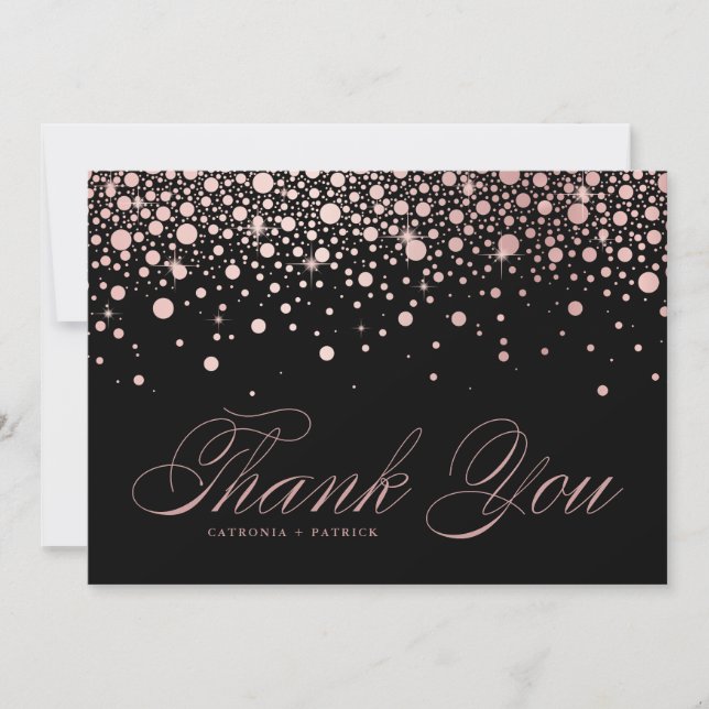 Modern Rose Gold Foil Confetti Drops Black Wedding Thank You Card (Front)