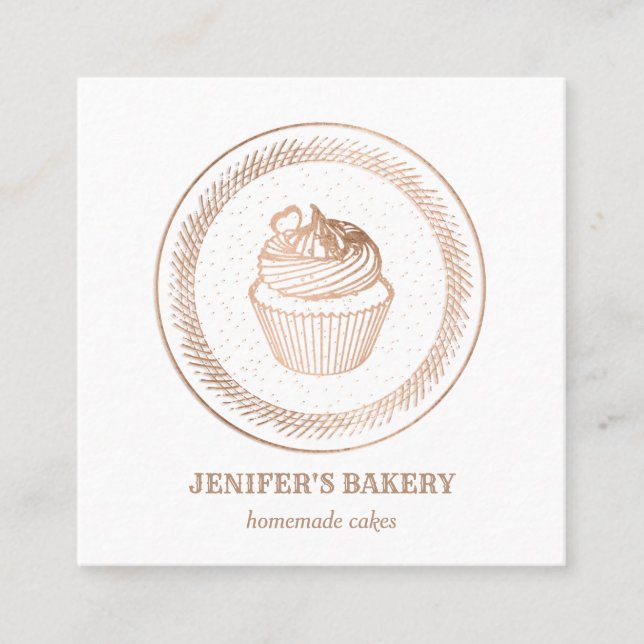 Modern rose gold foil cupcake homemade bakery square business card (Front)