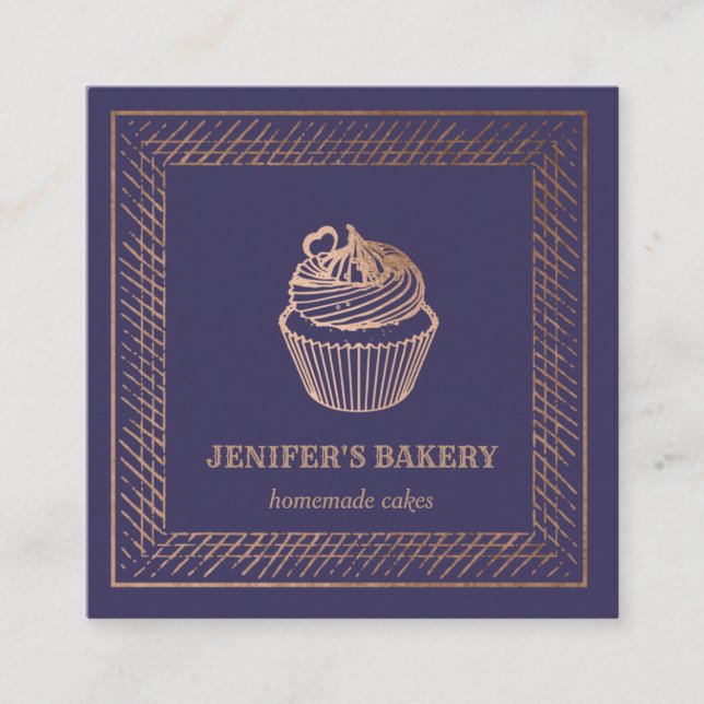 Modern rose gold foil cupcake homemade bakery square business card (Front)