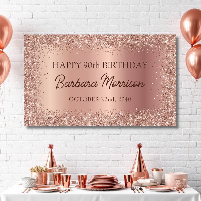 Modern Rose Gold Foil Glitter 90th Birthday Script Banner (Creator Uploaded)