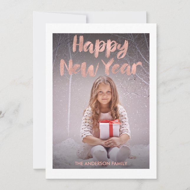 Modern Rose Gold Foil Happy New Year's Photo Card (Front)