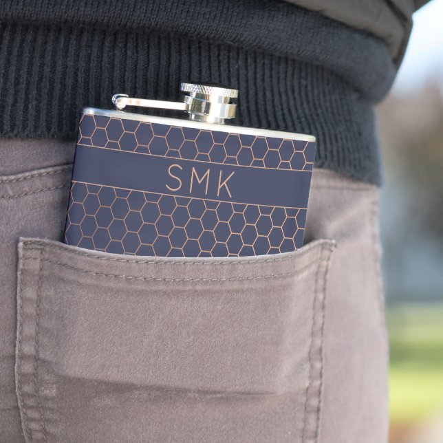 Modern Rose Gold Foil Navy Blue Geometric Monogram Hip Flask (In Situ)