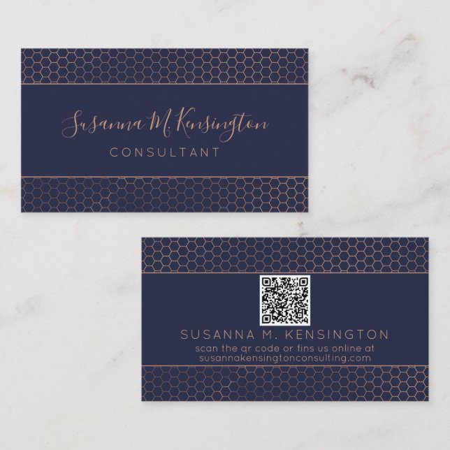 Modern Rose Gold Foil Navy Blue Geometric QR Code Business Card (Front/Back)