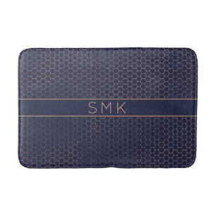 Modern Rose Gold Foil Navy Blue Hexagon Monogram Bath Mat