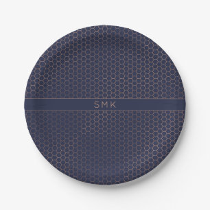 Modern Rose Gold Foil Navy Blue Hexagon Monogram Paper Plate