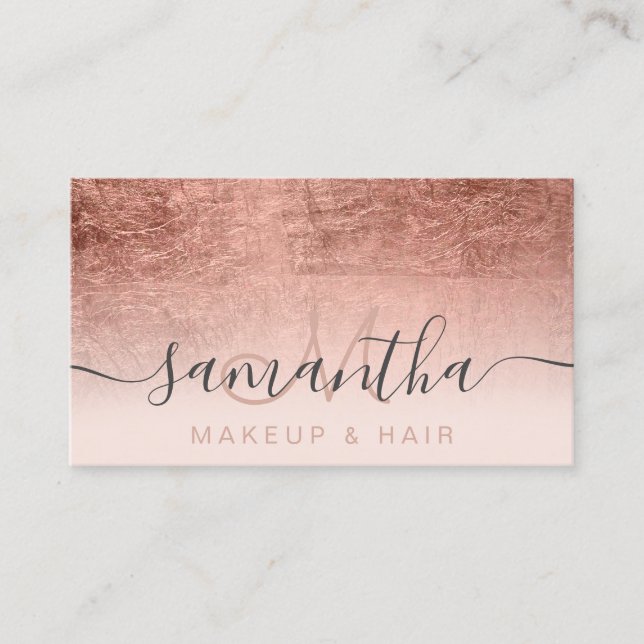 Modern rose gold foil ombre blush makeup hair business card (Front)