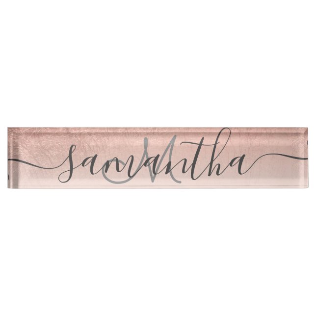 Modern rose gold foil ombre blush pink monogram nameplate (Front)