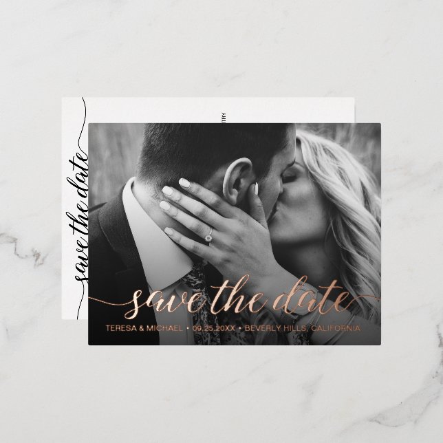 Modern Rose Gold foil Save the date Photo Wedding  Foil Invitation Postcard (Front/Back)