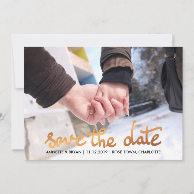 Modern Rose Gold Foil Save The Date Script Floral (Front)