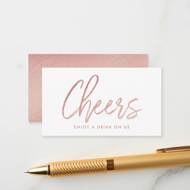 Modern Rose Gold Foil Script "Cheers" Drink Ticket Enclosure Card (Front/Back In Situ)
