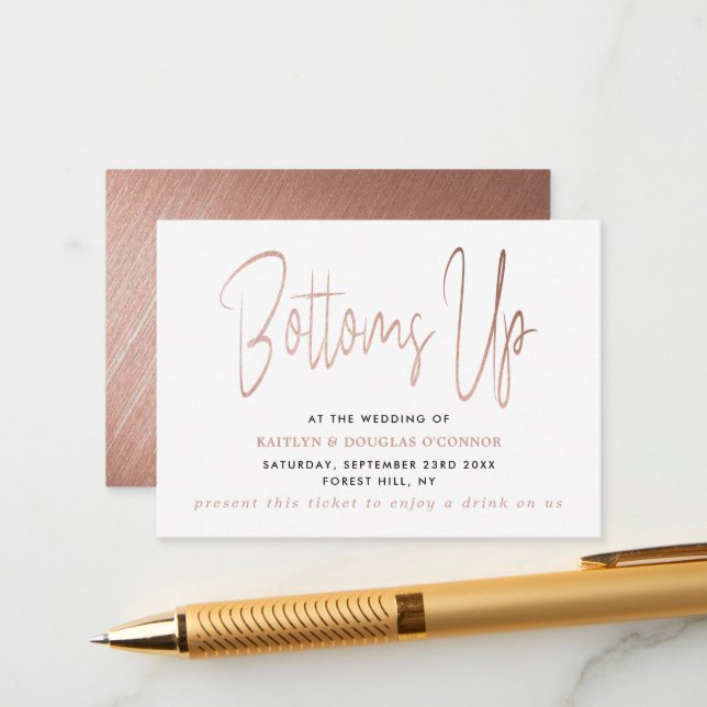 Modern Rose Gold Foil Script Free Drink Ticket Enclosure Card (Front/Back In Situ)