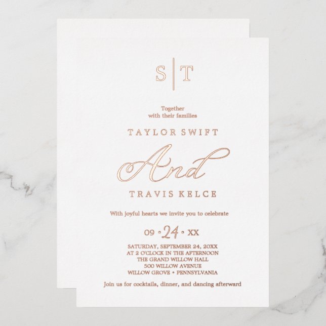 Modern Rose Gold Foil Script Monogram Wedding (Front/Back)