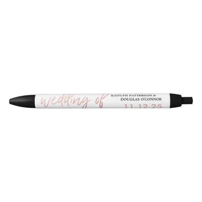 Modern Rose Gold Foil Script Wedding Favor Black Ink Pen (Front)