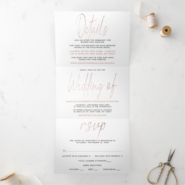 Modern Rose Gold Foil Script Wedding Suite Tri-Fold Invitation (Inside)