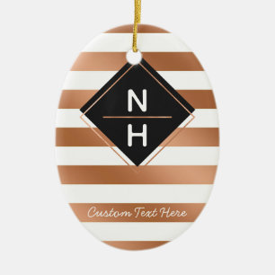 Modern Rose Gold Foil Stripes Stacked Monogram Ceramic Ornament