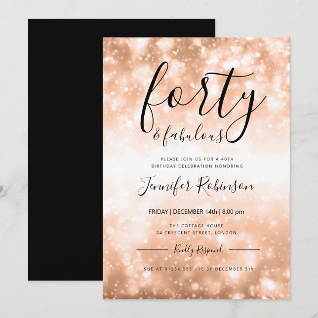 Modern Rose Gold Forty & Fabulous 40th Birthday Invitation (Front/Back)