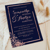 Modern rose gold frame navy confetti wedding