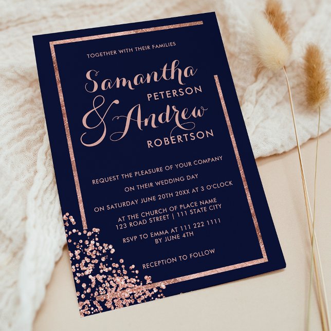 Modern rose gold frame navy confetti wedding invitation (Modern rose gold frame navy confetti wedding invitation)