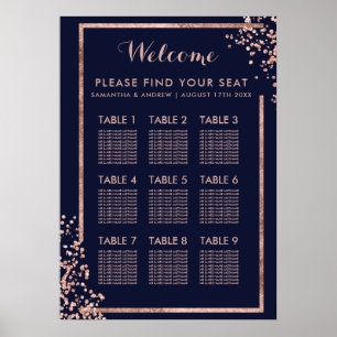 Modern rose gold frame navy wedding seating poster