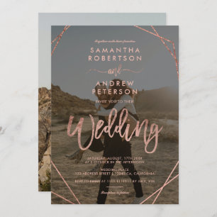 Modern rose gold frame simple photo script wedding invitation