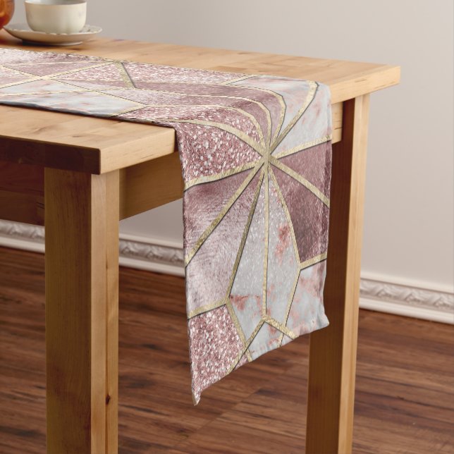 Modern rose gold geometric star flower pattern short table runner (In Situ)
