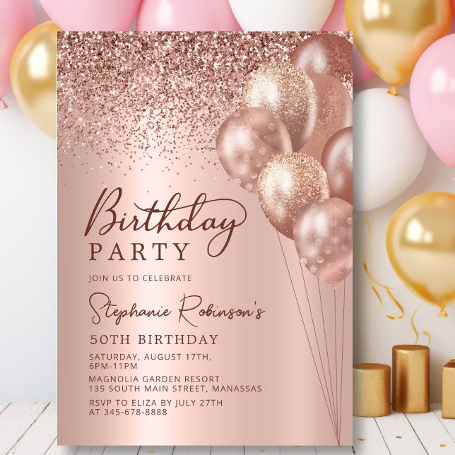 Modern Rose Gold Glitter Balloon 50th Birthday Invitation (Creator Uploaded)