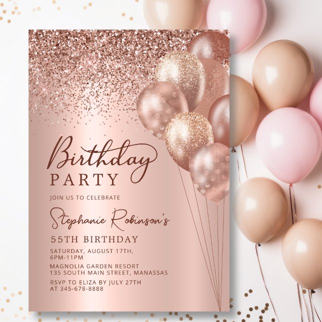 Modern Rose Gold Glitter Balloon 55th Birthday Invitation (Creator Uploaded)