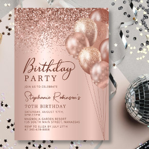 Modern Rose Gold Glitter Balloon 70th Birthday Invitation