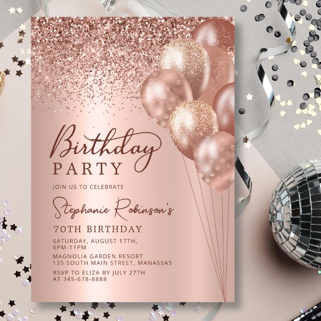 Modern Rose Gold Glitter Balloon 70th Birthday Invitation (Creator Uploaded)