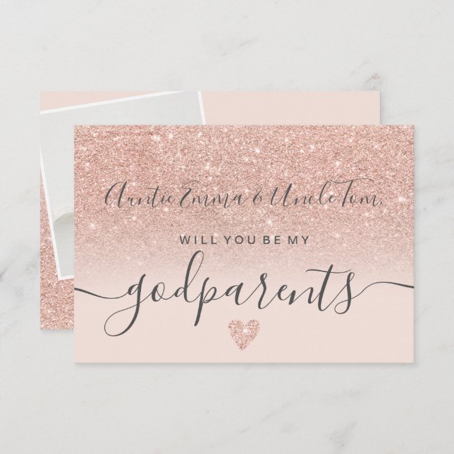Modern rose gold glitter be my godparents baptism invitation (Front/Back)
