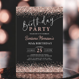 Modern Rose Gold Glitter Black Any Age Birthday Invitation