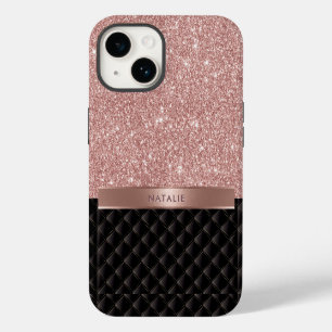 Modern Rose Gold Glitter Black Luxury Custom Name iPhone 14 Case