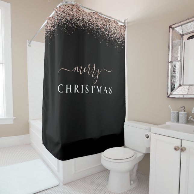 Modern Rose Gold Glitter Black Merry Christmas Shower Curtain (In Situ)