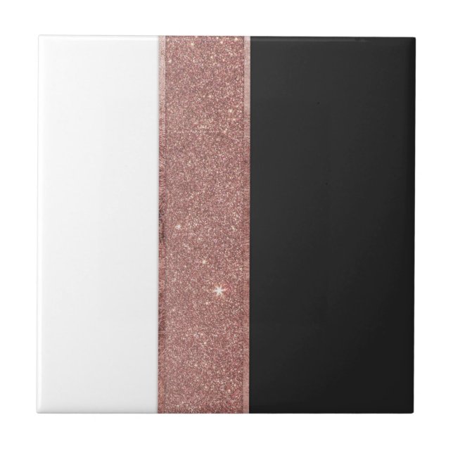 Modern Rose Gold Glitter Black White Colour Blocks Ceramic Tile (Front)