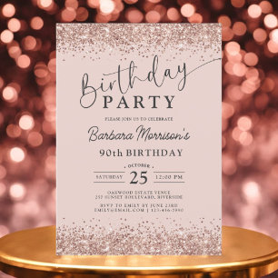 Modern Rose Gold Glitter Blush 90th Birthday Invitation