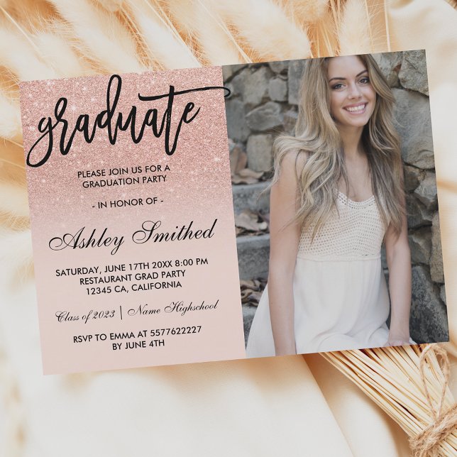 Modern rose gold glitter blush graduate typography invitation (Creator Uploaded)
