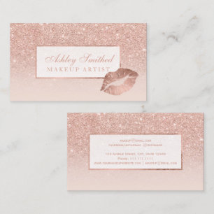 Modern rose gold glitter blush ombre makeup lips business card