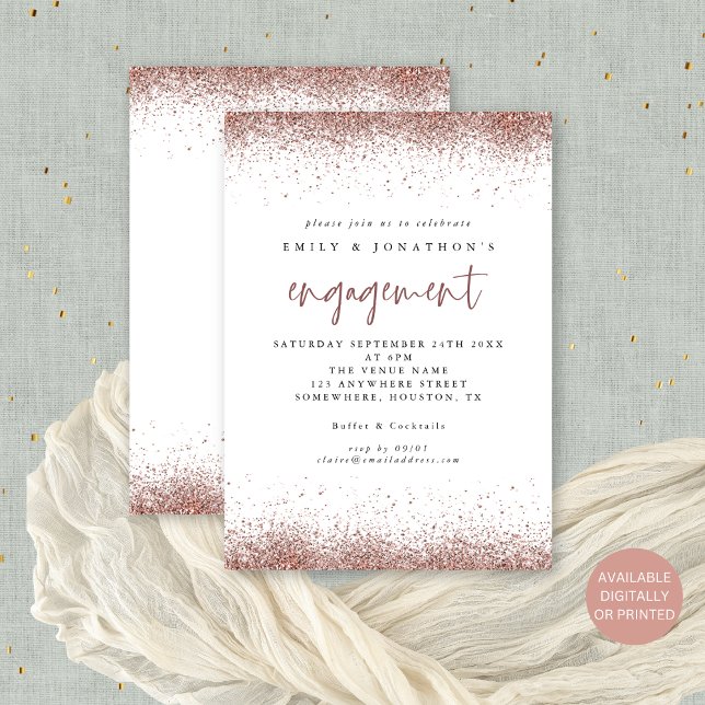 Modern Rose Gold Glitter Border Engagement Party Invitation (Front and back view. Available digitally or printed)