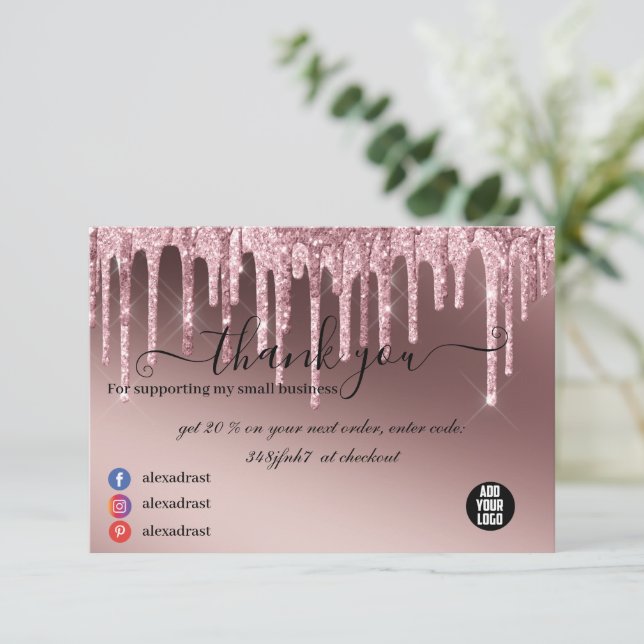 Modern Rose Gold Glitter Business Thank You Card (Standing Front)