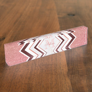 Modern Rose Gold Glitter Chevron Monogram Nameplate
