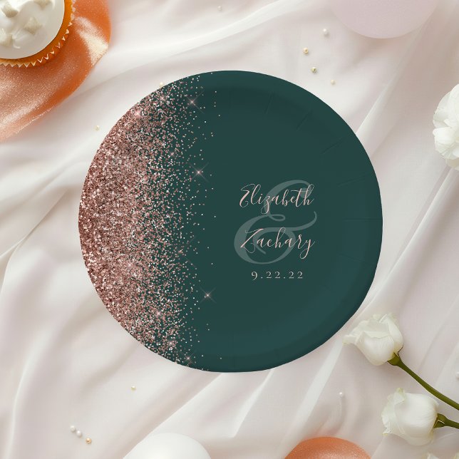Modern Rose Gold Glitter Dark Green Wedding Paper Plate (Creator Uploaded)