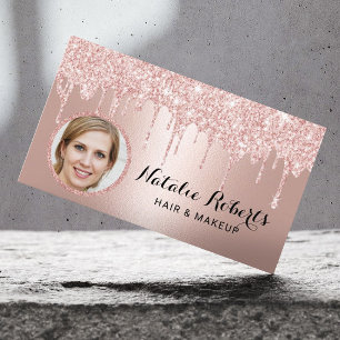 Modern Rose Gold Glitter Drips Beauty Salon Photo Business Card