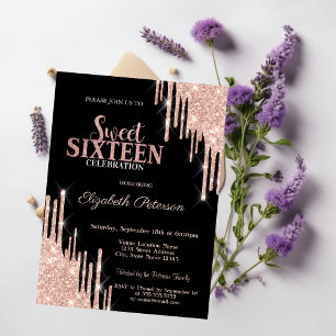 Modern Rose Gold Glitter Drips Black Sweet 16 Invitation