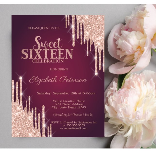 Modern Rose Gold Glitter Drips Burgundy Sweet 16 Invitation (Creator Uploaded)