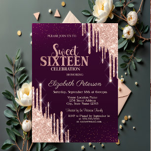 Modern Rose Gold Glitter Drips Burgundy Sweet 16 Invitation
