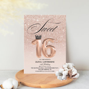 Modern Rose Gold Glitter Drips Crown Sweet 16 Invitation